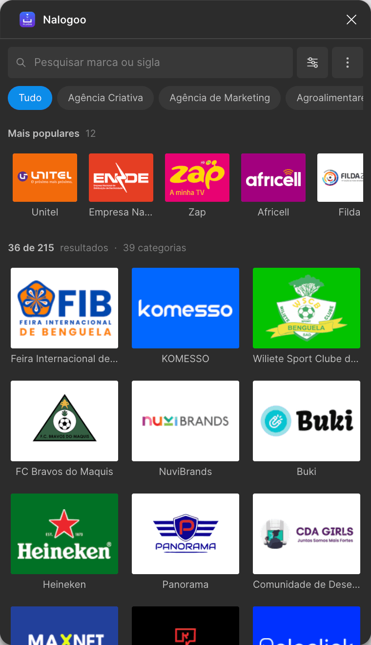 Painel do Nalogoo aberto num editor: campo de pesquisa por marca ou sigla, filtros por categoria e uma grelha com os logótipos da Unitel, Zap, Africell, Heineken e do FC Bravos do Maquis.